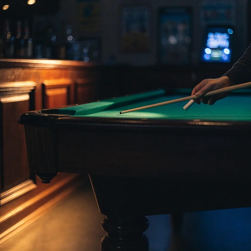 Billardtisch und Bar im Spielhalle Seestern bei Nacht