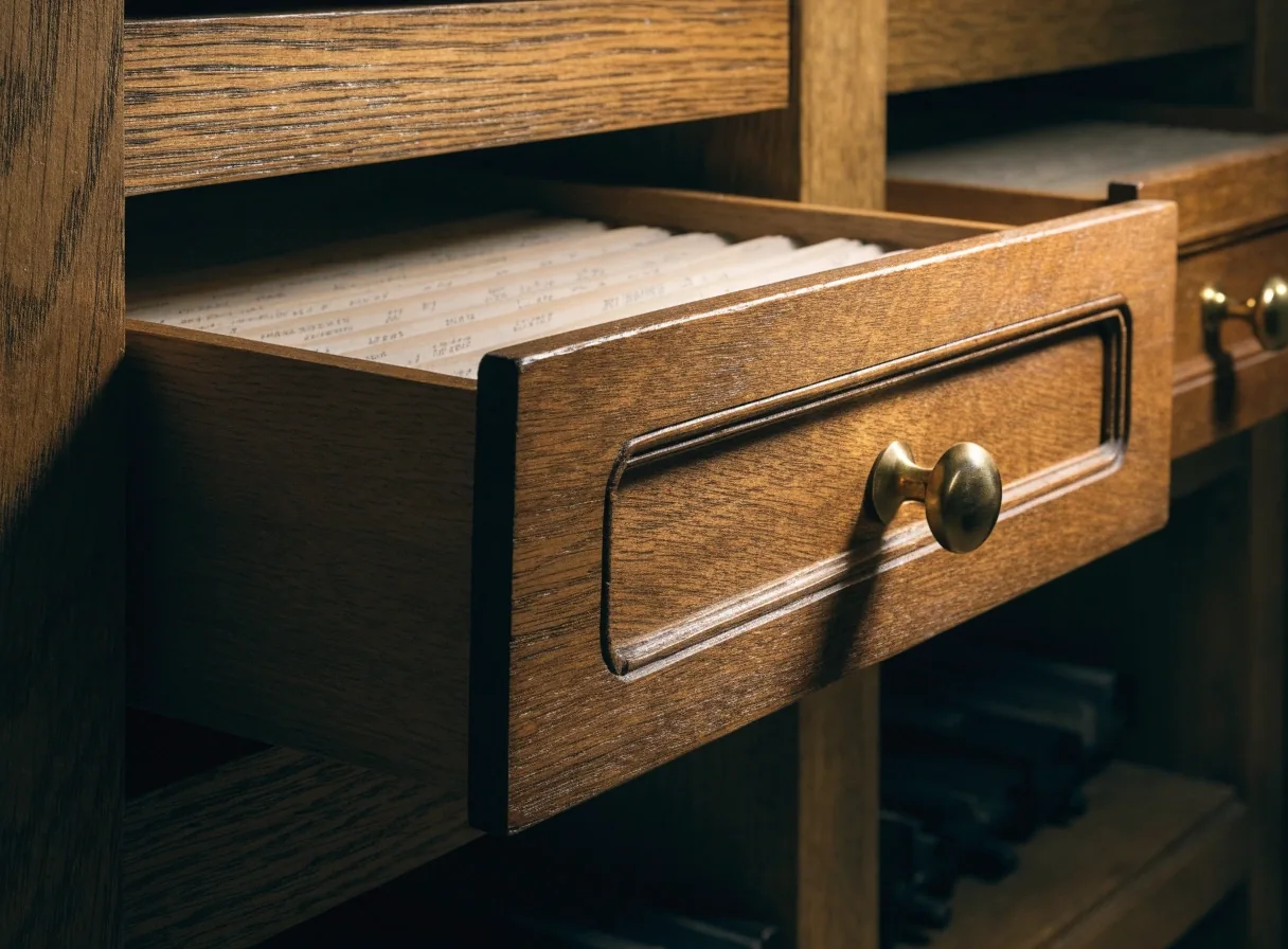 Stacked blank index cards with worn edges in a card cabinet