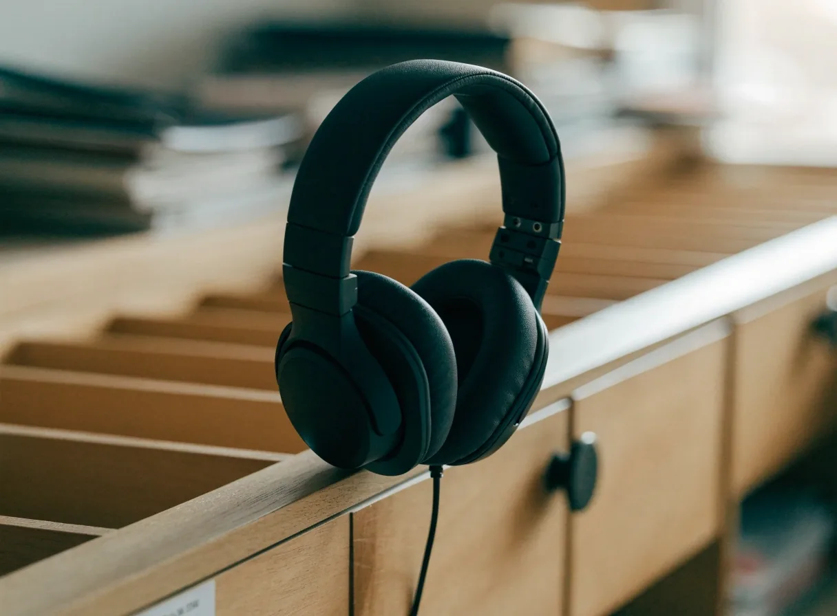 Headsets and blank notebooks on a bright tournament table