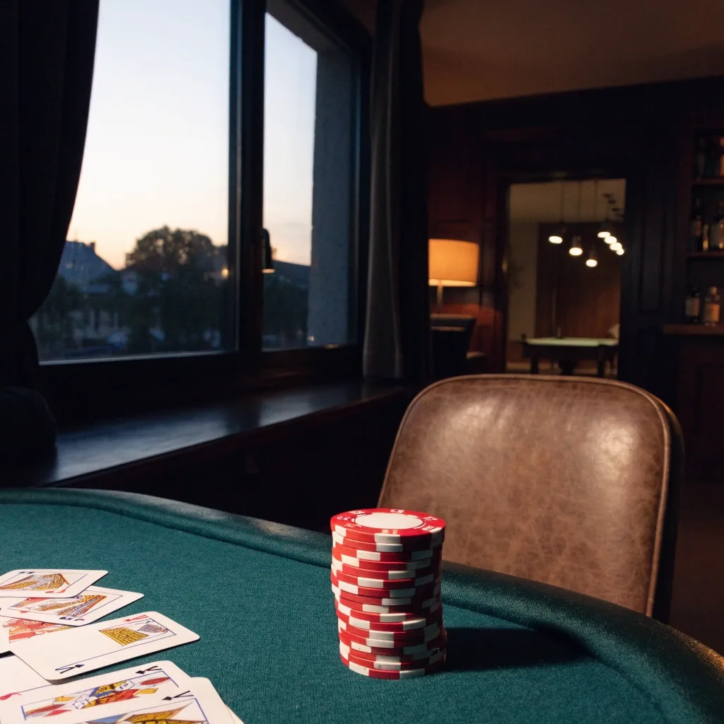 Spieltisch mit Chips und Karten im Lounge-Licht
