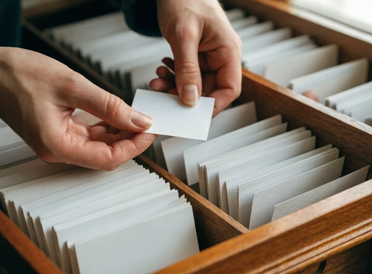 Hands sorting empty index cards in a wooden cabinet