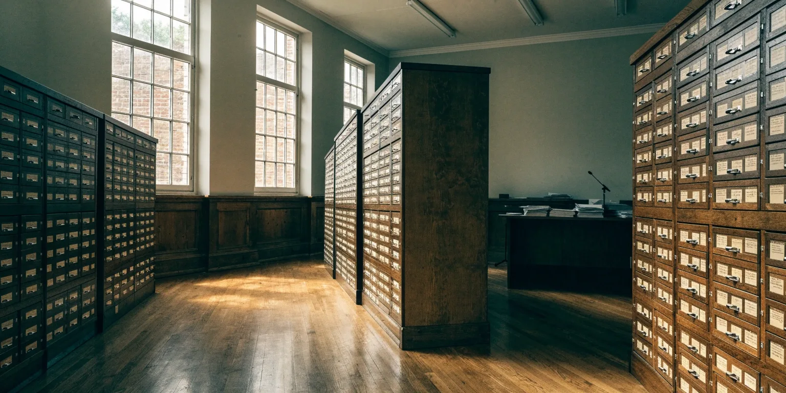 Quiet archive room with tall wooden cabinets in daylight