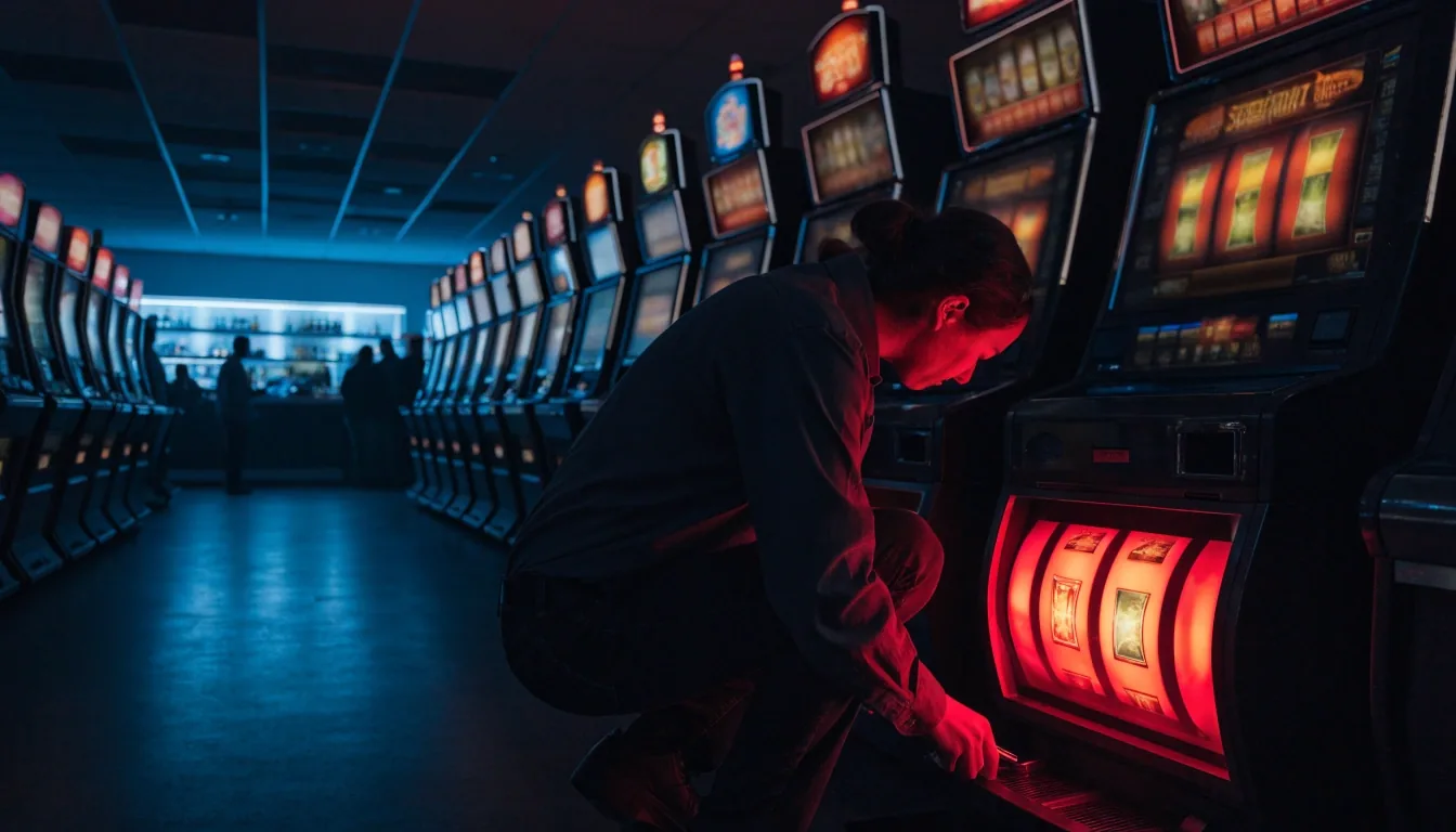 Spielbereich der Spielhalle Seestern in Dietzenbach bei Nacht mit Geldspielgeräten, Billardtisch und Bar