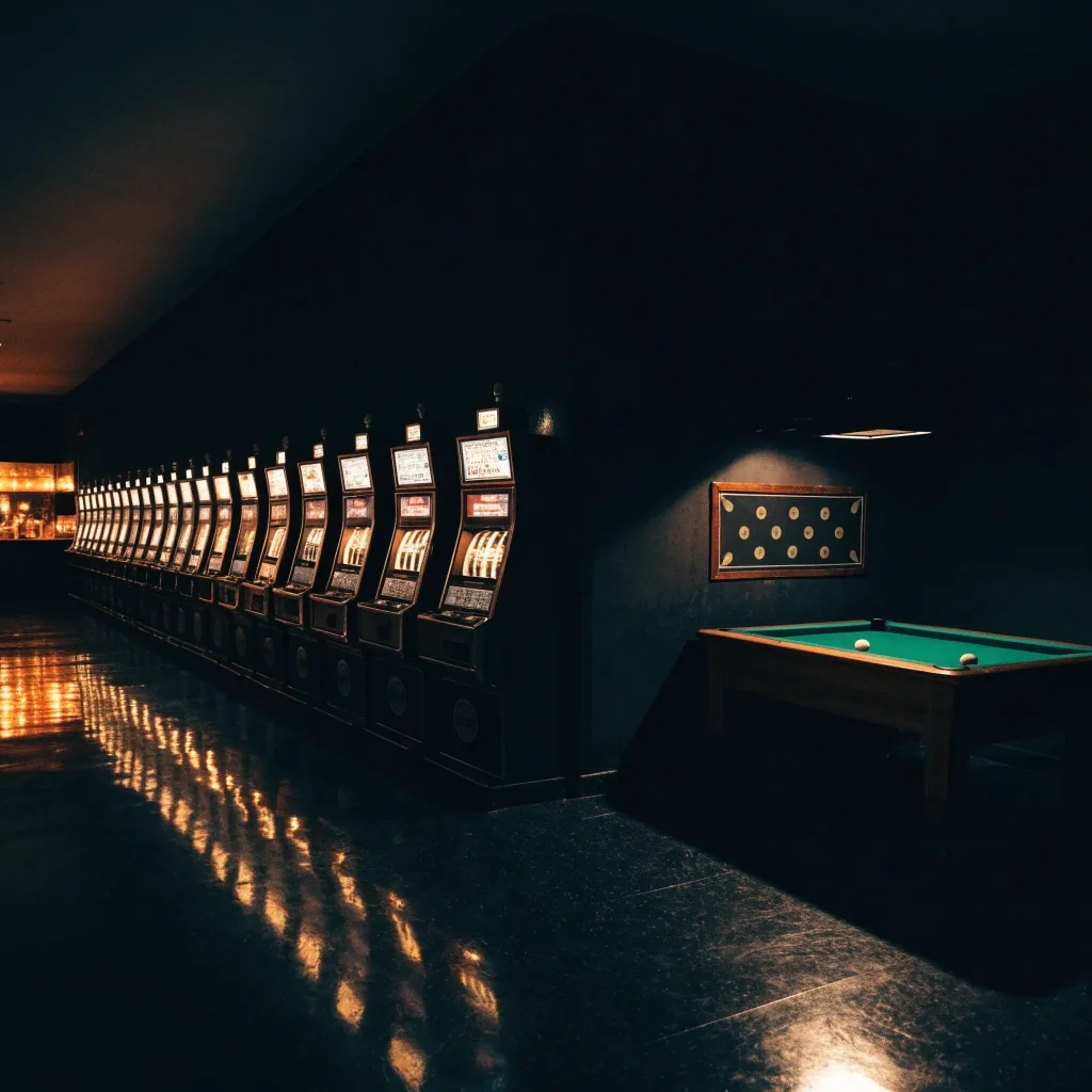Gerätewand mit Geldspielgeräten im dunklen Saal