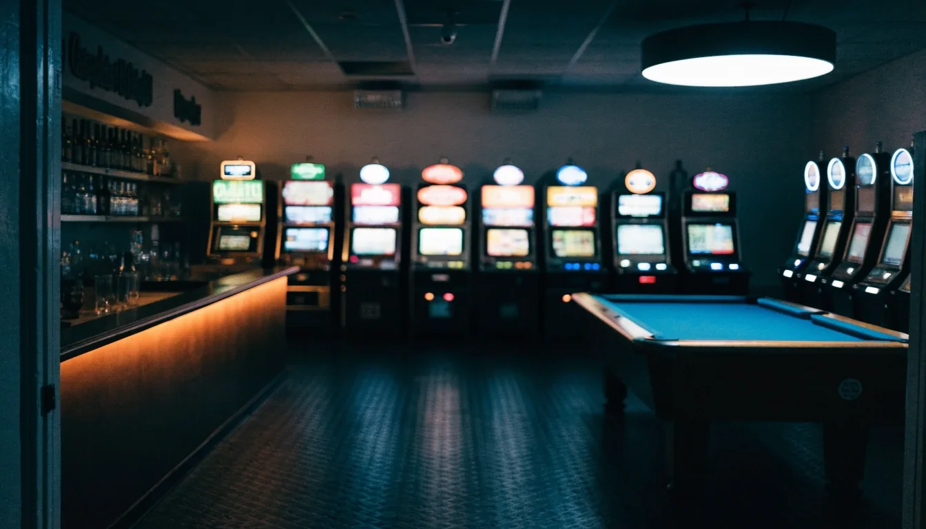Innenraum der Spielhalle Seestern bei Nacht mit Gerätereihe, Billardtisch und Bar